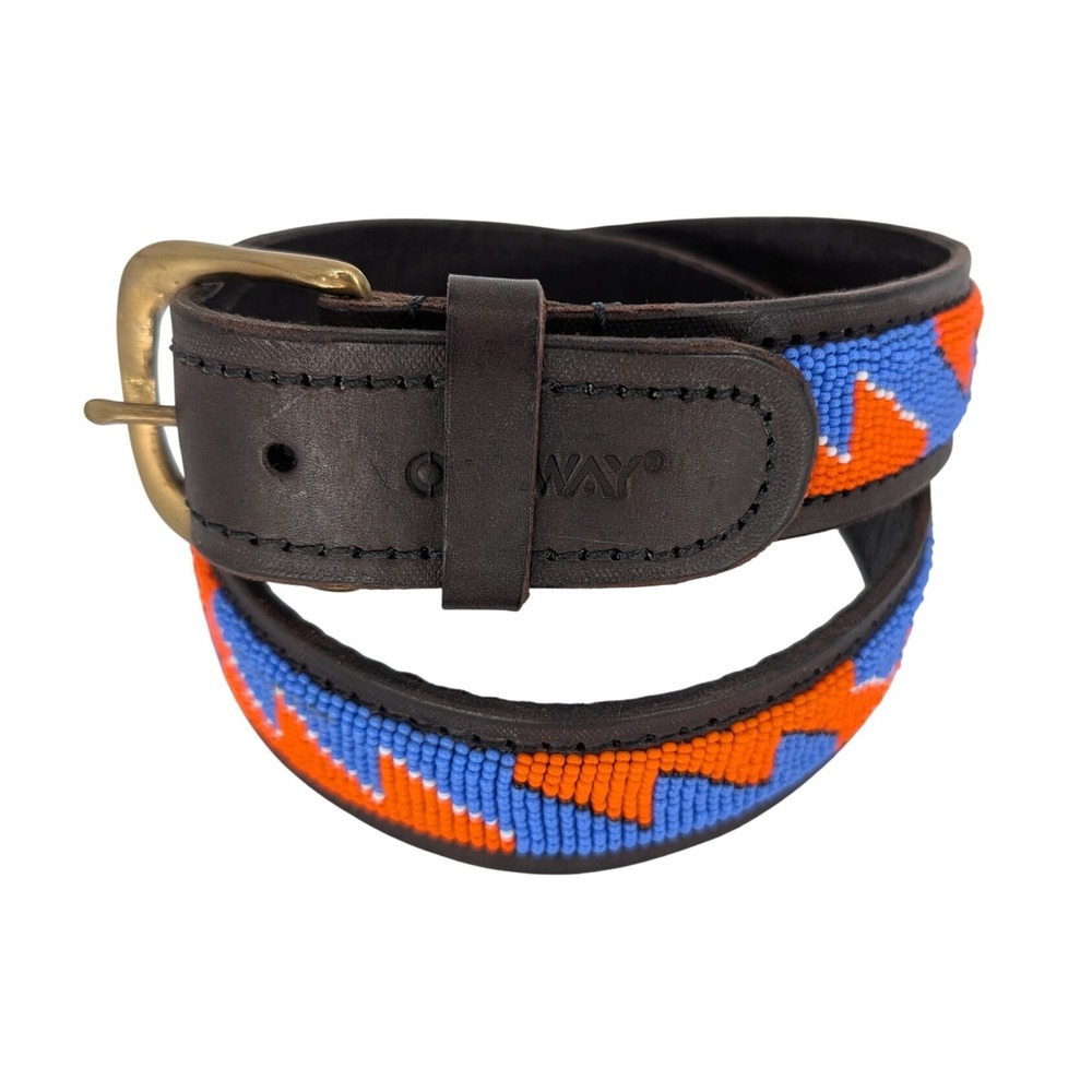 Oneway Beaded Leather Belt Unisex S Brown Blue Orange Geo Zig Zag Western Tribal